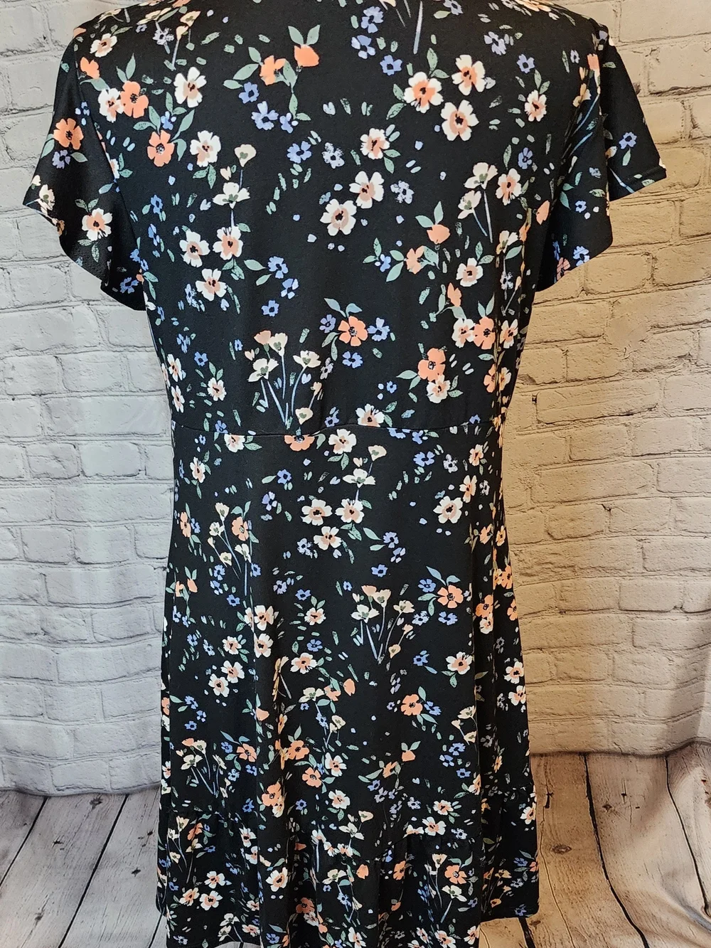 Black Floral Tie-Neck Midi Dress with Peach & Blue Blooms - Picture 3 of 5